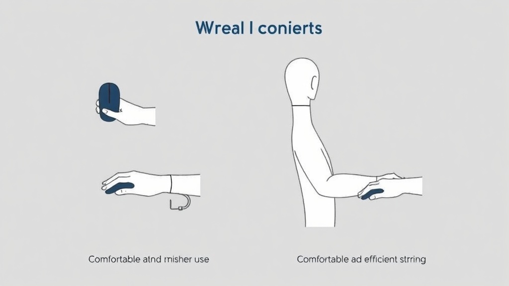 마우스 사용 시 손목과 팔의 각도를 설명하는 인체공학적 가이드 이미지