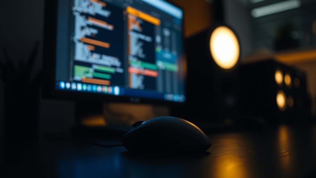 어두운 조명의 책상 위에 놓인 인체공학적 디자인의 컴퓨터 마우스와 모니터 화면