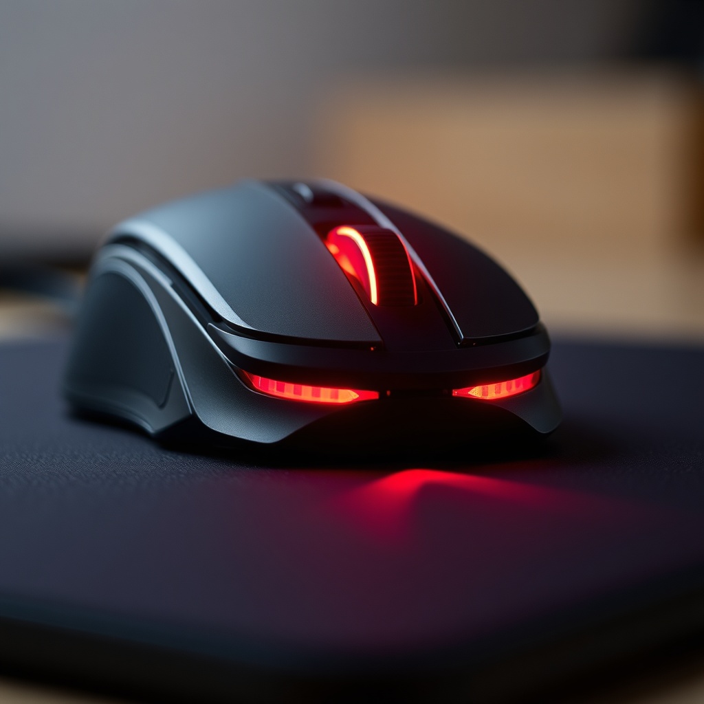마우스 하단의 광학 센서가 마우스 패드 표면을 스캔하며 붉은 빛을 내는 클로즈업 장면